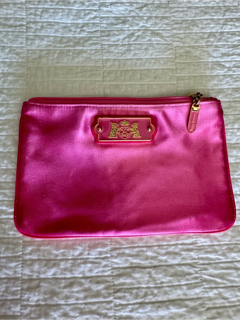 Juicy Couture Bright Pink Satin Cosmetic Pouch with Gold Plaque